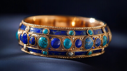Close-up of an ornate bracelet with lapis lazuli and turquoise inlays.
