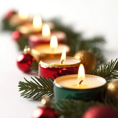 A row of festive candles in red, green, and gold, surrounded by pine garlands, isolated on a white background