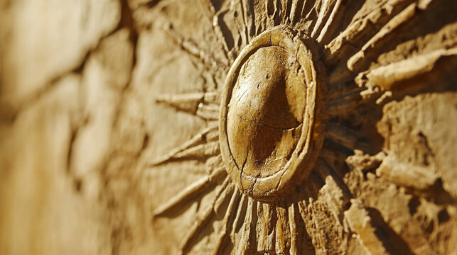 Focused shot of a sun disk symbol from an ancient Egyptian temple wall.