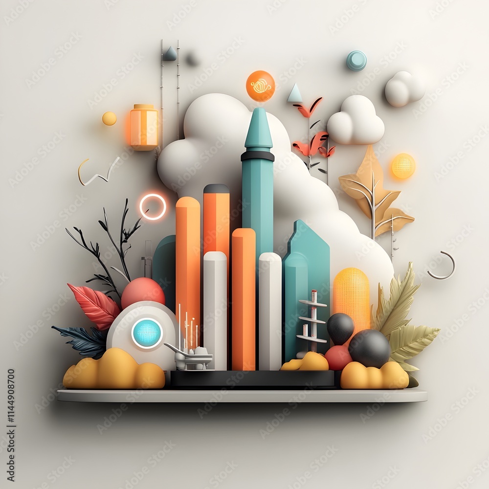 Poster captivating abstract geometric data visualization with bar charts and line graphs featuring a vivid 