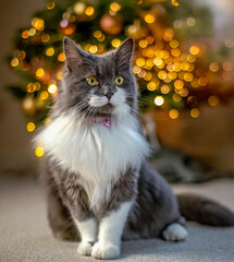 Cat sitting in front of a Christmas tree