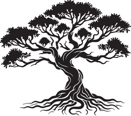 Banyan tree silhouette vector art illustration. Black and white Banyan tree vector illustration.