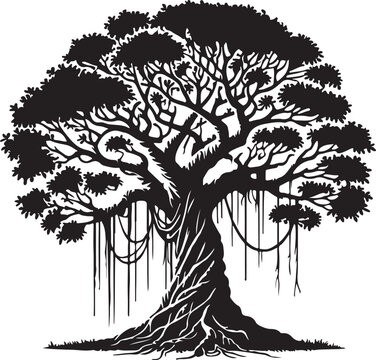 recommend clip art: Banyan tree silhouette vector art illustration. Black and white Banyan tree vector illustration.