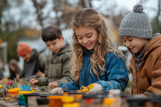 Elders and children collaborate joyfully on homemade crafts in autumn. Generative AI