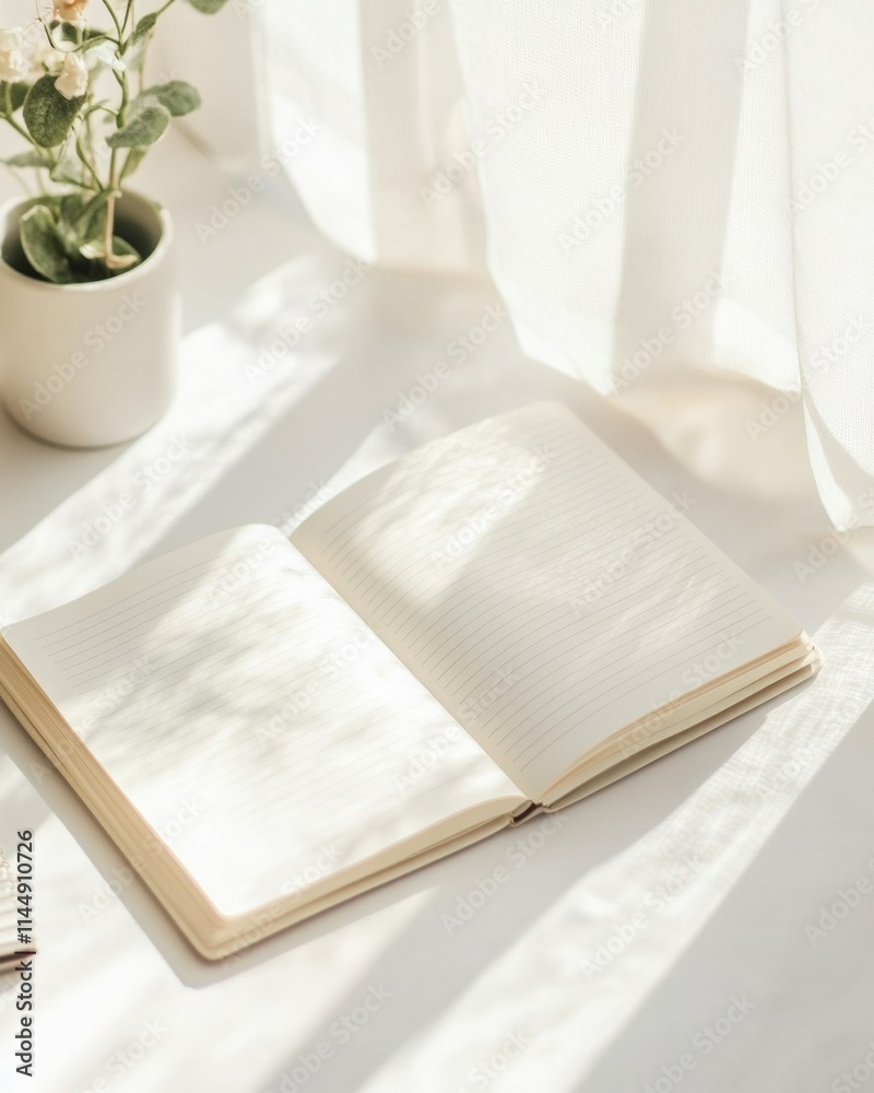 Poster open notebook on sunlit table with warm ambiance and minimalist aesthetic
