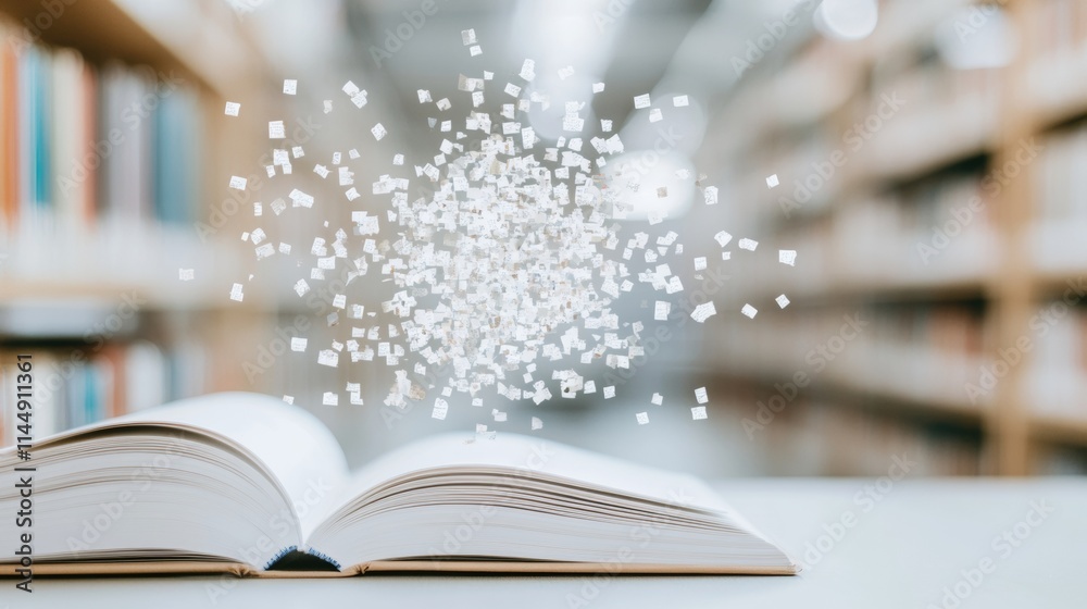 Poster Open Book and Floating Letters in a Library - Symbolizing Language and Knowledge