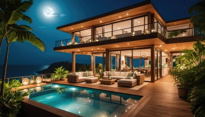 Fototapeta premium A wooden house with an open terrace overlooking the ocean at night