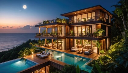 A wooden house with an open terrace overlooking the ocean at night