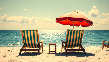 deckchairs and umbrella on beach with copy space, vintage travel postcard style illustration made with, cinematic, with white tones