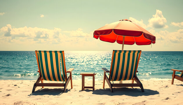 deckchairs and umbrella on beach with copy space, vintage travel postcard style illustration made with, cinematic, with white tones