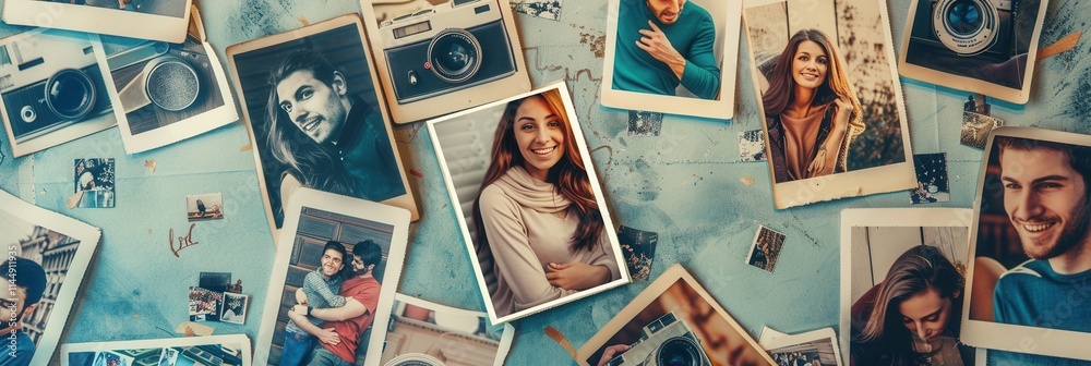 Poster creative collage of memories featuring diverse people and moments arranged on a vibrant background w