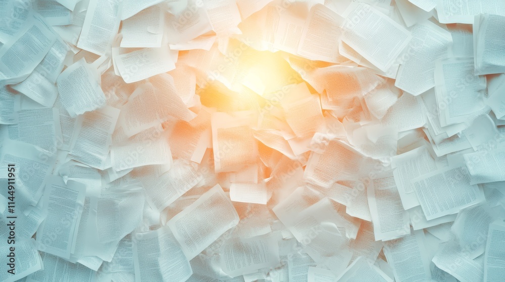 Poster Evocative Illumination Overhead View of Scattered Papers with Subtle Glow