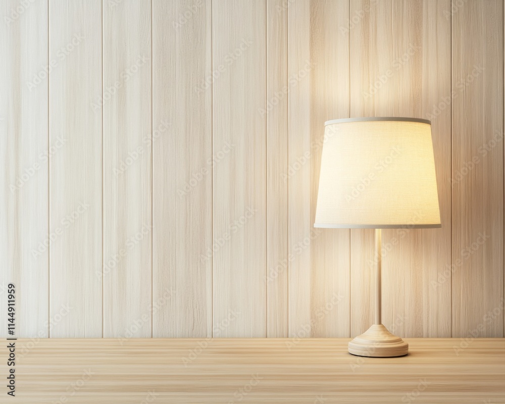 Poster serene minimalist lamp on wood surface with soft glow