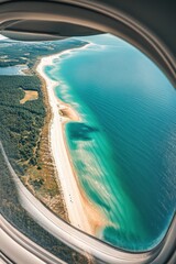 Fototapeta premium Airplane Window View of French Riviera Coastline with Turquoise Water and Sandy Beaches