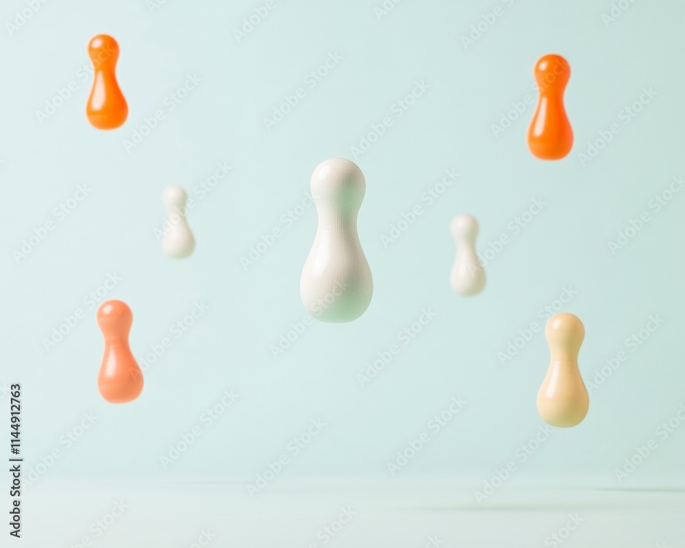 Poster floating game pieces abstract muted colors and subtle surrealism