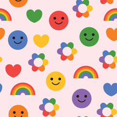 LGBTQ+ rainbow background. Bold vector seamless pattern. Happy colorful smiles, flowers hearts and rainbow shapes represent variety.