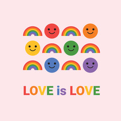 LGBTQ+ poster Love is Love. Bold vector illustration. Happy colorful smiles and rainbow shapes rsymbolizing unity, pride, diversity, and love