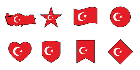 Turkey Flag in Various Shapes Vector Set. Collection of Tu?rkiye National Flag Designs. Includes Circle, Star, Shield, Map, Heart and Other Unique Flag Shapes for Independence and National Day.