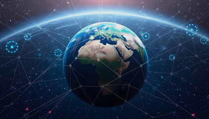 Naklejka premium Conceptual image earth from space, conncetions, lines, big data, internet vpn, simple style, with white tones