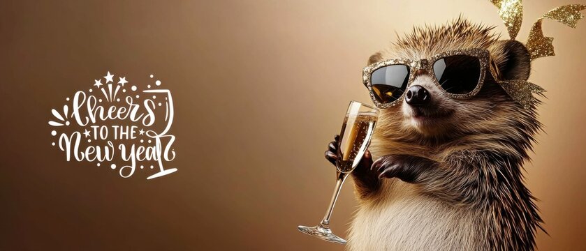 Stylish Hedgehog Cheers to the New Year with Champagne
