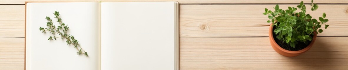 Minimalist Gardening Journal with Herb and Seedling on Wooden Table