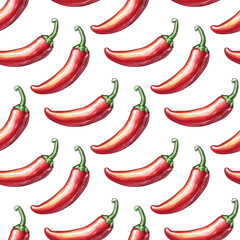 Hot spicy red chili pepper seamless pattern. Organic spices for mexican or asian dishes. Chilli paper red green spicy hot taste and flavor symbol. Food organic seamless pattern design. Vector print.