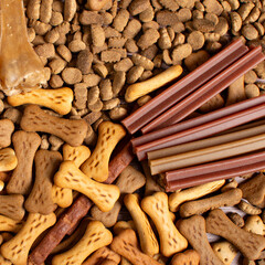 Top view of different types of dog food, dried treats.