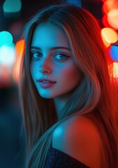 Beautiful Girl with Long Hair in Neon Blue and Red Studio Lighting for Fashion Photography