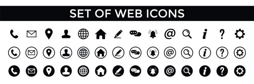 Web icon set vector Illustration. Home, location, call, at, email, address, globe, chat, message, mail, telephone, information, support, search, website, icon. Contact and web icons set. Website icons