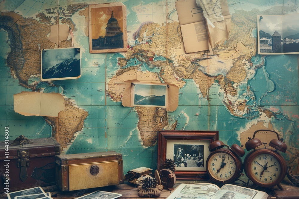 Poster Explore travel destinations around the world with nostalgic photos on a vintage map backdrop for unique inspiration. Generative AI