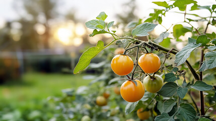 Ripe yellow tomatoes on vine in lush garden at sunset