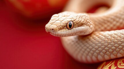 Fototapeta premium In the Year of the Snake, a golden serpent elegantly coils around a red lantern, symbolizing fortune and strength in this artistic design concept.