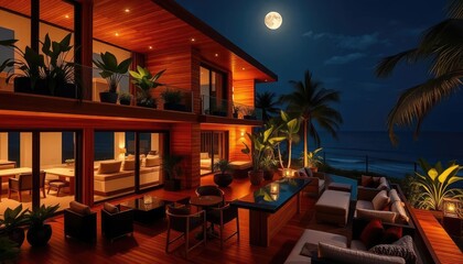 Obraz premium A modern house with wooden walls and floor, large windows overlooking the ocean at night