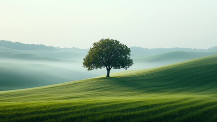 Rolling hills with a lone tree in the morning mist, green grass, grassy field, minimalist landscape, misty mountains, clear sky, calm atmosphere, horizon