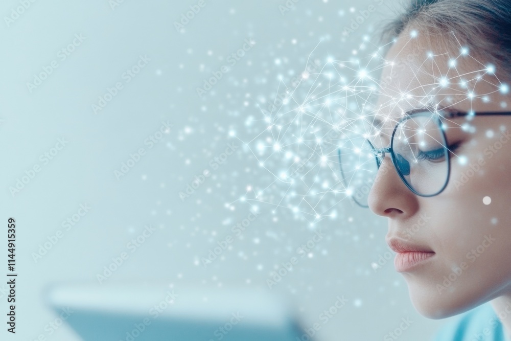 Poster young woman engaged in digital learning with futuristic virtual interface and network visualization