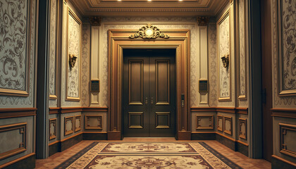 Obraz premium Antique style, hall and doors of a classic elevator in an old-fashioned hotel or palace, origami, with white tones