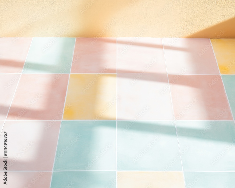 Poster Pastel Checkerboard Tiles in Soft Sunlight Creating a Serene Grid Pattern