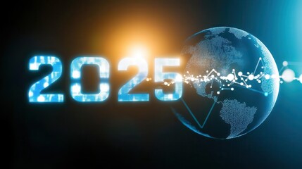Holographic 2025 floating above a globe surrounded by interconnected dots, symbolizing global communication.