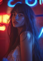 Fototapeta premium Beautiful Girl with Long Hair in Neon Blue and Red Studio Lighting for Fashion Photography
