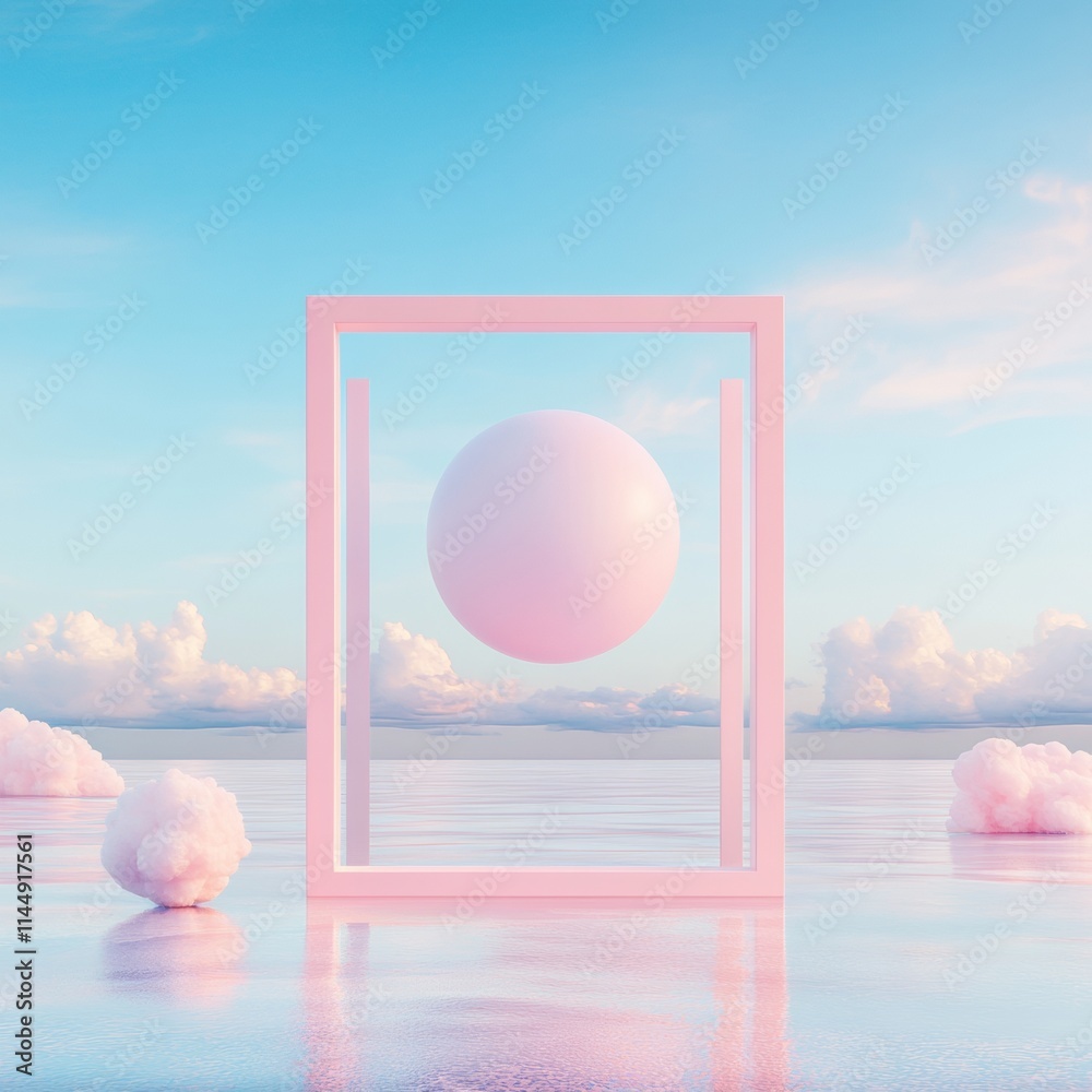 Poster surreal pastel landscape with floating abstract elements in dreamlike setting