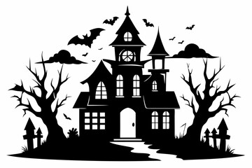 haunted halloween house line art silhouette vector illustration