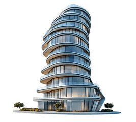 Modern 3D Illustration of Curved High-Rise Building with Circular Floors and Large Windows, Featuring Contemporary and Elegant Architectural Design - Isolated on Transparent Background . ai generated