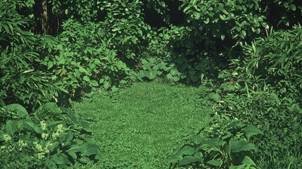 Fototapeta premium Lush green garden path, vibrant foliage, sunlight.