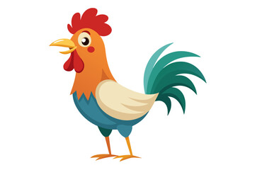 Watercolor vector of a cartoon rooster animation, isolated on a white background, colorful rooster character illustration, cute farm animal art, hand-drawn style, vector rooster for designs.