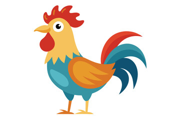 Watercolor vector of a cartoon rooster animation, isolated on a white background, colorful rooster character illustration, cute farm animal art, hand-drawn style, vector rooster for designs.