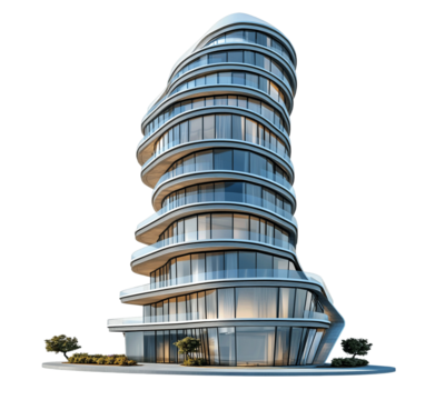 Modern 3D Illustration of Curved High-Rise Building with Circular Floors and Large Windows, Featuring Contemporary and Elegant Architectural Design - Isolated on Transparent Background . ai generated