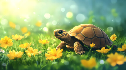 Cute tortoise in a green meadow with yellow flowers. Carapace. Illustration