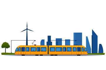 Fototapeta premium A vibrant yellow tram moves through a stylized urban landscape featuring buildings and greenery.