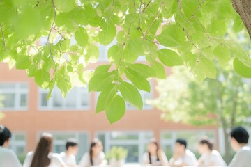 Korean Students Engaged in Outdoor Educational Reform Discussion in Sunny Courtyard