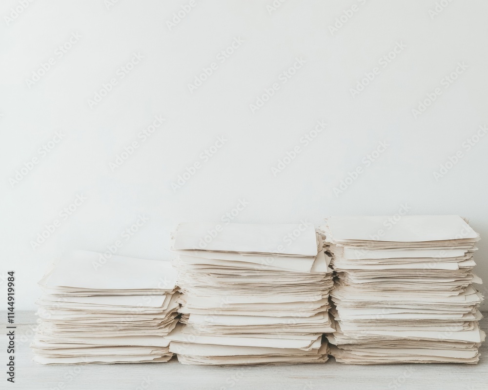 Poster serene still life of stacked papers in minimalist setting evoking historical study and timeless lear